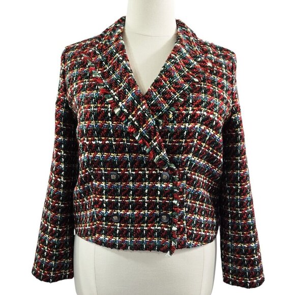 Talbots Multicolor Tweed Fringe Blazer Jacket Double Breasted Cropped Preppy - Picture 1 of 9